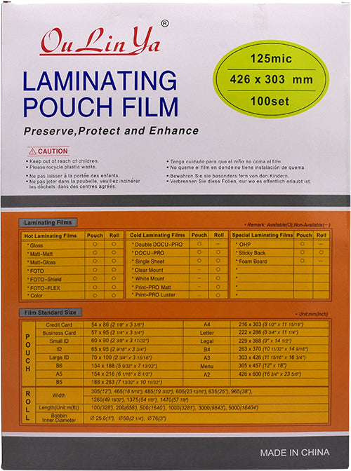 LAMINATING POUCH 2X125 G 303X426MM A3 100 SHEET PACK