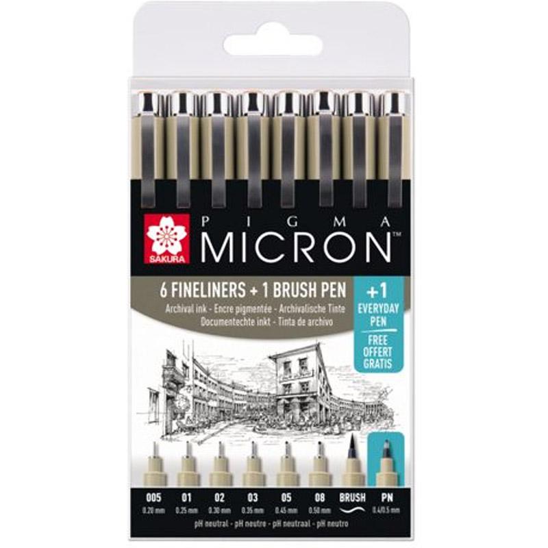 Sakura-Pigma Micron Finliner 6pcs+1 Brush Pen+1 Everyday Pen-POXSDK8S