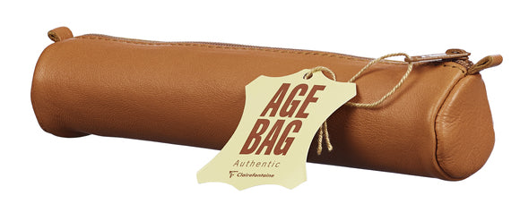 PENCIL CASE ROUND LEATHER AGE BAG BROWN-77018