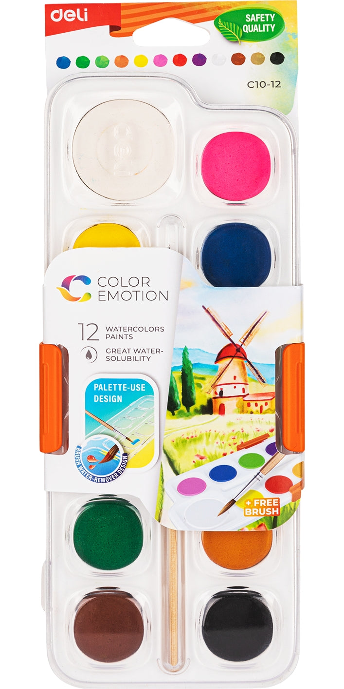 Deli-Water Color Cake 12 Color With Brush-C10-12