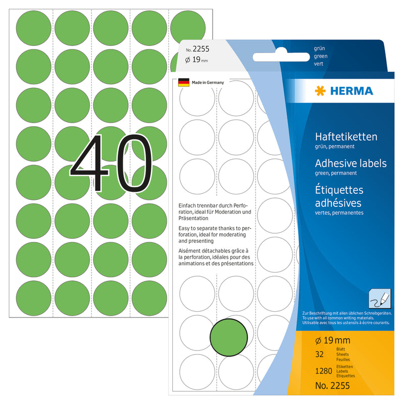 Herma-Multi Purpose Adhesive Labels Green 19mm Round-2255