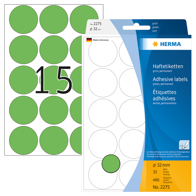 Herma-Multi Purpose Adhesive Labels Green 32mm Round-2275