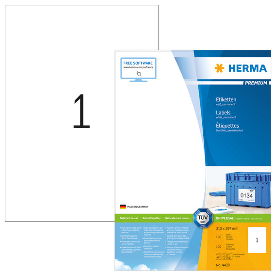 Herma-Premium Label A4 210x297mm White 100 Sheet Pack-4428