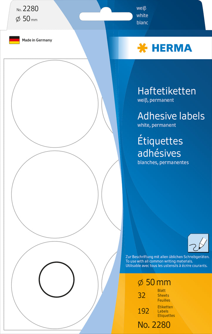 Herma-Multi Purpose Adhesive Labels Round White 50mm-2280