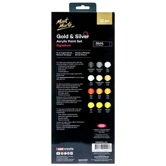 Gold and Silver Acrylic Paint Set Signature 12pc x 36ml - PMHS0096